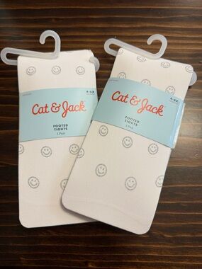 Cat & Jack 2 Pack Girls Footed Tights White w Silver Smile Faces 4-6X NEW